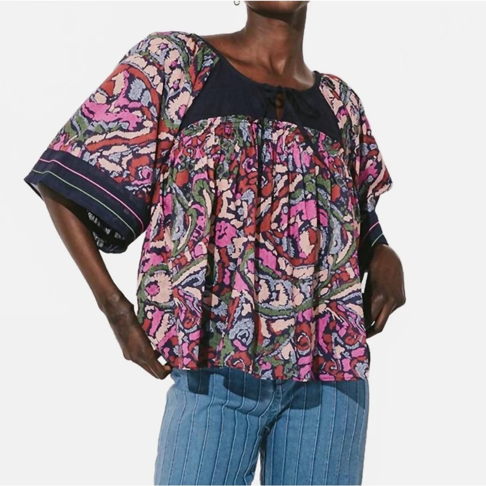 Cleobella Pamela Crew Neck Babydoll Organic Cotton Blouse in Corozal Size Small